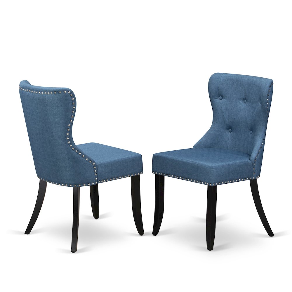East West Furniture - Set of 2 - mid century Dining Chairs- Dinner Chairs Includes Black Wood Structure with Blue Linen Fabric Seat with Nail Head and Button Tufted Back