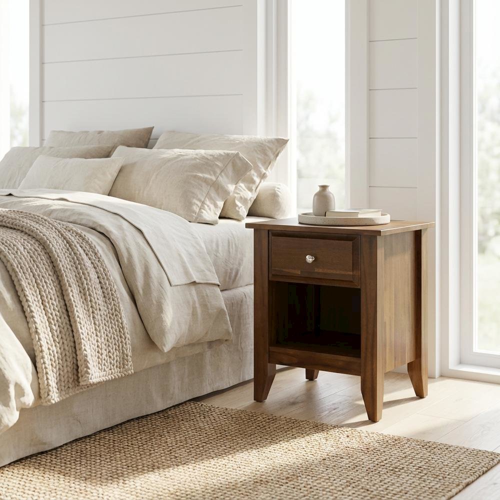 Small Nightstand with Wood Drawer in Antique Walnut Finish for Bedroom Storage