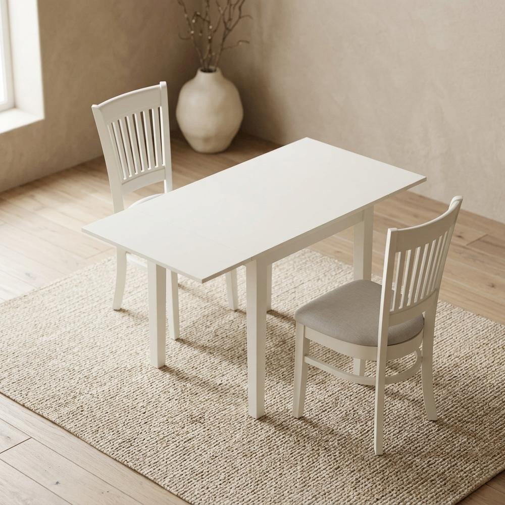 Wood Drop-Leaf Dining Table & Chairs 3-Piece Set, Small Space, Linen White