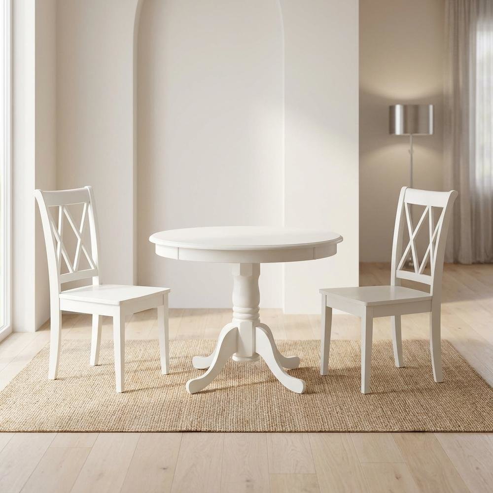 Wood Round Kitchen Table & Chairs 3-Piece, Pedestal Base, Linen White