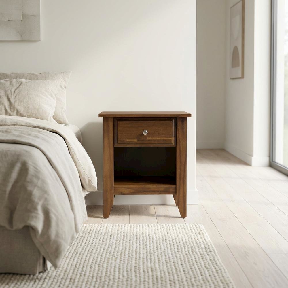 Small Nightstand with Wood Drawer in Antique Walnut Finish for Bedroom Storage
