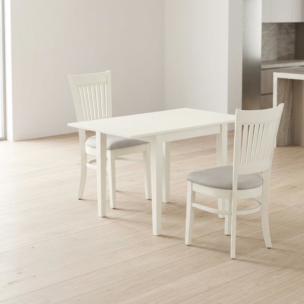 Wood Drop-Leaf Dining Table & Chairs 3-Piece Set, Small Space, Linen White