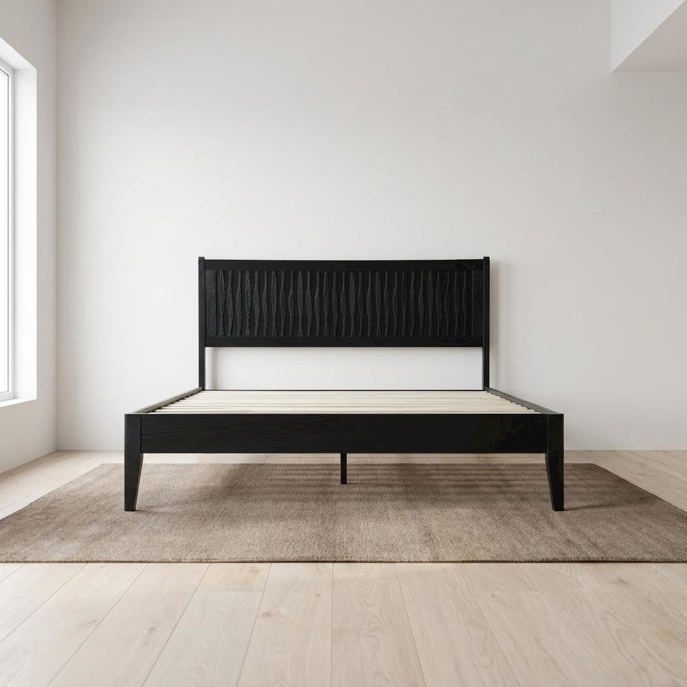 Solid Wood Platform Bed, Headboard & Footboard, No Box Spring, Ebony Oak, Queen