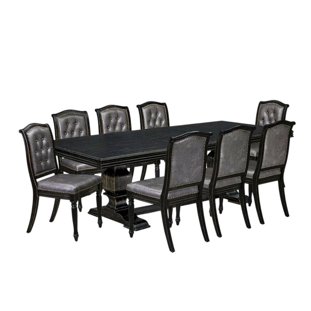 Solid Wood Rectangular Dining Table & Button-Tufted Chairs 9-Piece, Dark Grey