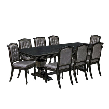 Solid Wood Rectangular Dining Table & Button-Tufted Chairs 9-Piece, Dark Grey