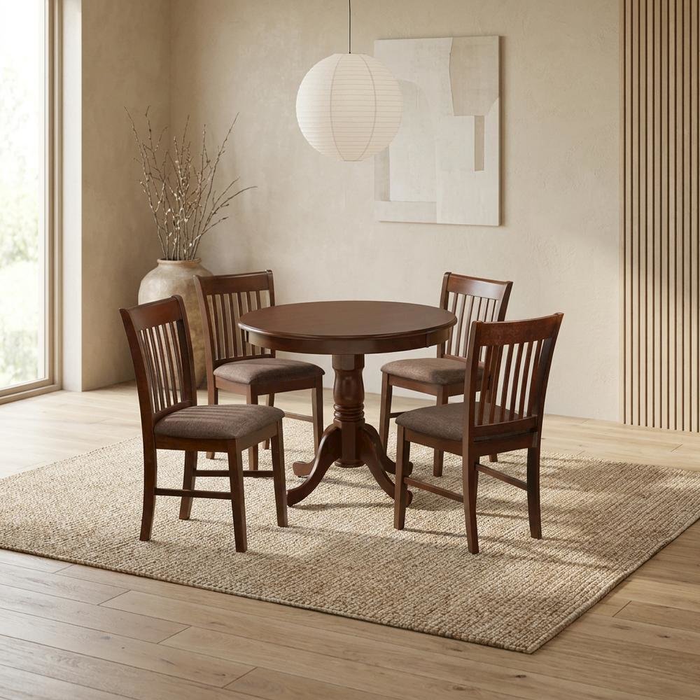Wood Round Pedestal Dining Table & Chairs 5-Piece Set, Mahogany