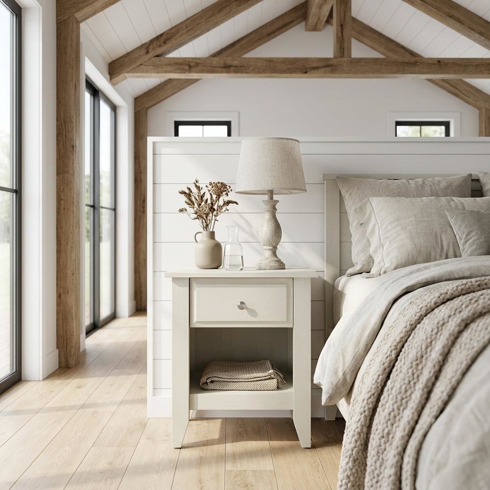 Small Night Stand with Modern Drawer and Sturdy Build in Butter Cream Finish