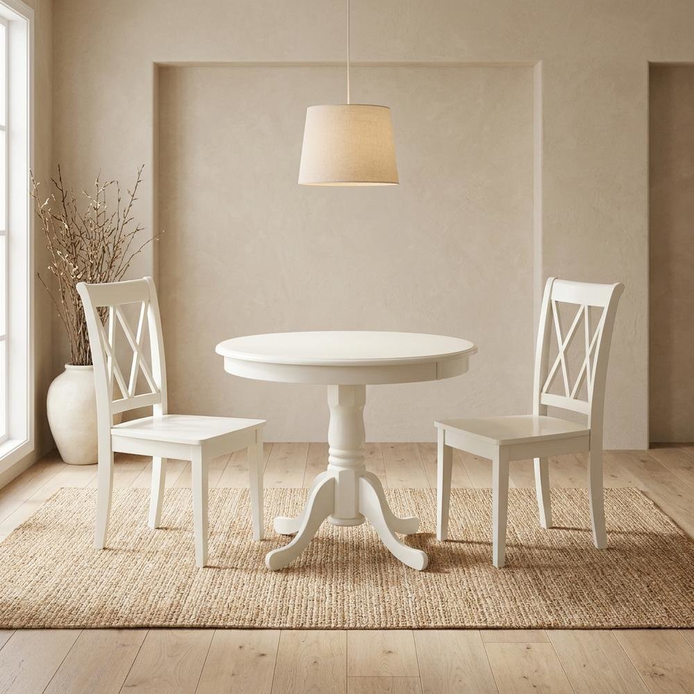 Wood Round Kitchen Table & Chairs 3-Piece, Pedestal Base, Linen White