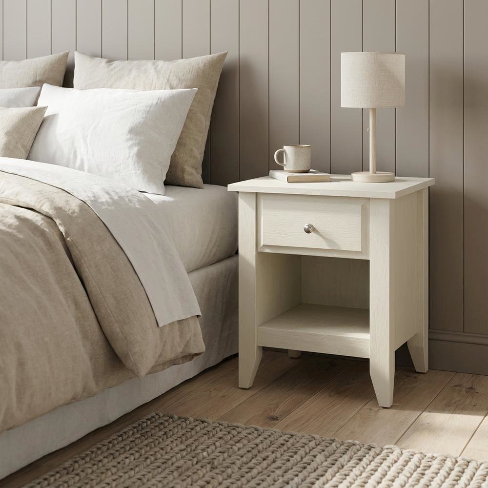 Small Night Stand with Modern Drawer and Sturdy Build in Butter Cream Finish