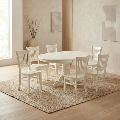 Butterfly Leaf Dining Table 7-Piece, Slatted-Back Wood Chairs, Linen White