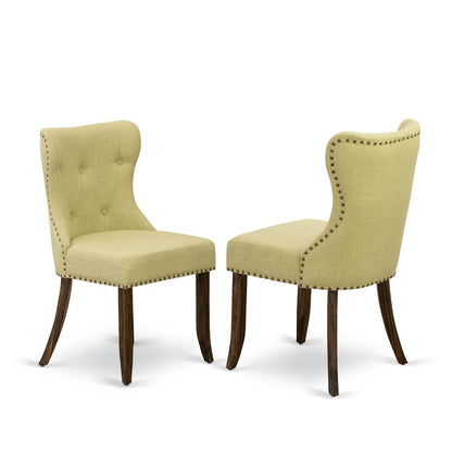 East West Furniture 5-Pc Dinette Set-Limelight Linen Fabric Seat and Button Tufted Back Kitchen Parson Chairs and Rectangular Top Dining Table with Hardwood Legs - Cement and Distressed Jacobean Finis