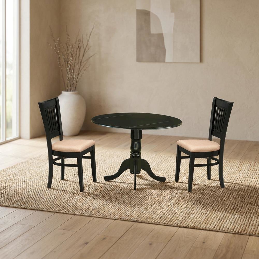 Wood Drop-Leaf Dining Table 3-Piece Set with Linen Slatted Chairs