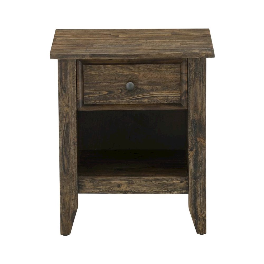 Distressed Jacobean Nightstand with Wooden Drawer and Sturdy Construction