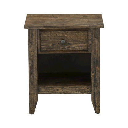 Distressed Jacobean Nightstand with Wooden Drawer and Sturdy Construction