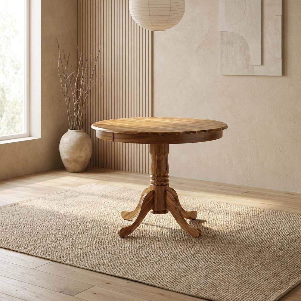 Natural Round Pedestal Dining Table, Traditional Style, Seats 4