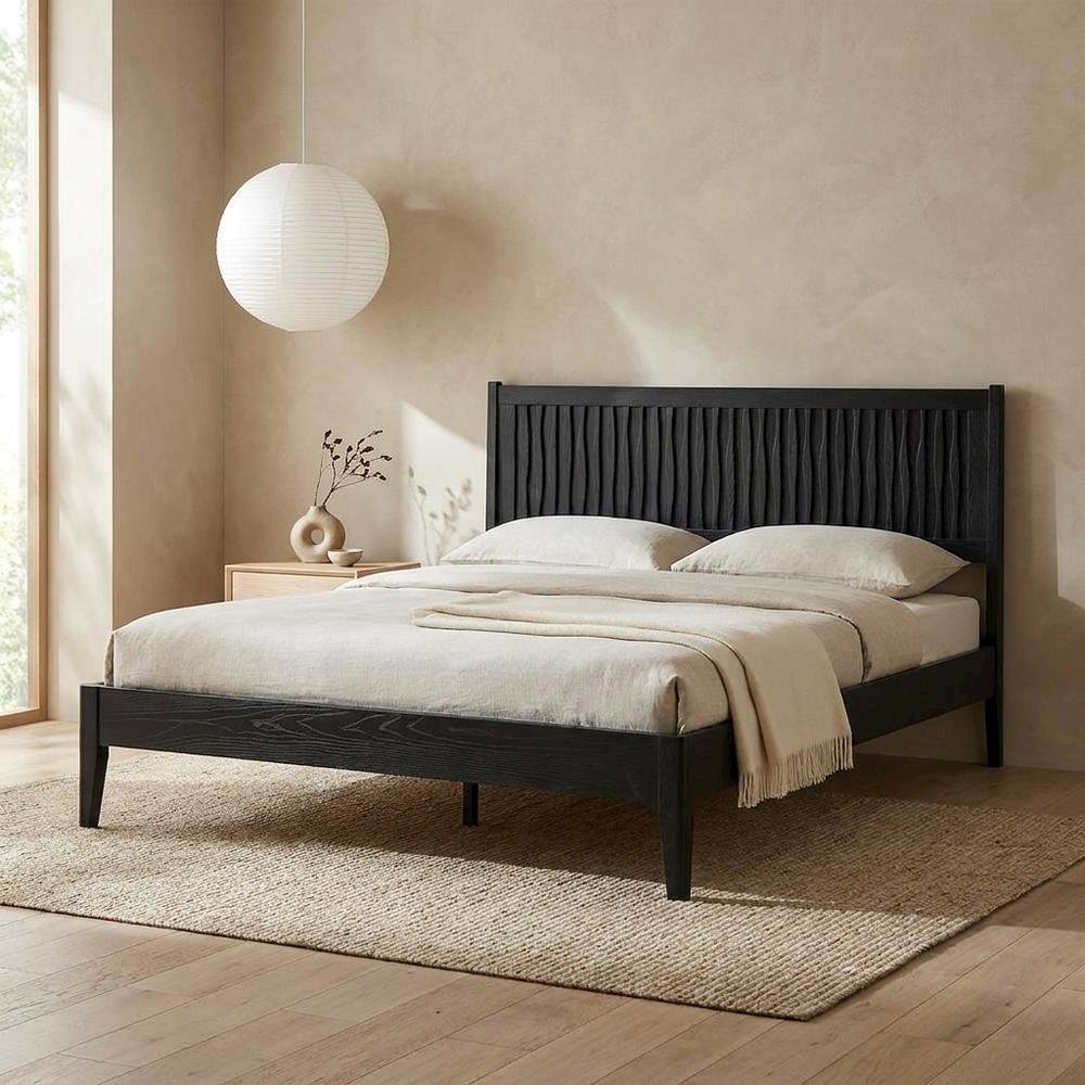 Solid Wood Platform Bed, Headboard & Footboard, No Box Spring, Ebony Oak, Queen