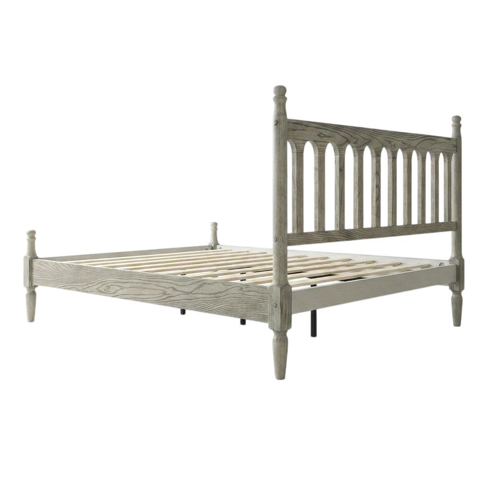 Solid Wood Bed with Headboard, Traditional Platform, Weathered Gray Oak, Queen