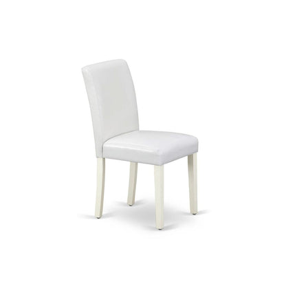 1MZAB5-LWH-64 5Pc Wood Dining Table Set Consists of a Dining Table and 4 Parsons Dining Chairs with White Color PU Leather, Drop Leaf Table with Full Back Chairs, Linen White Finish