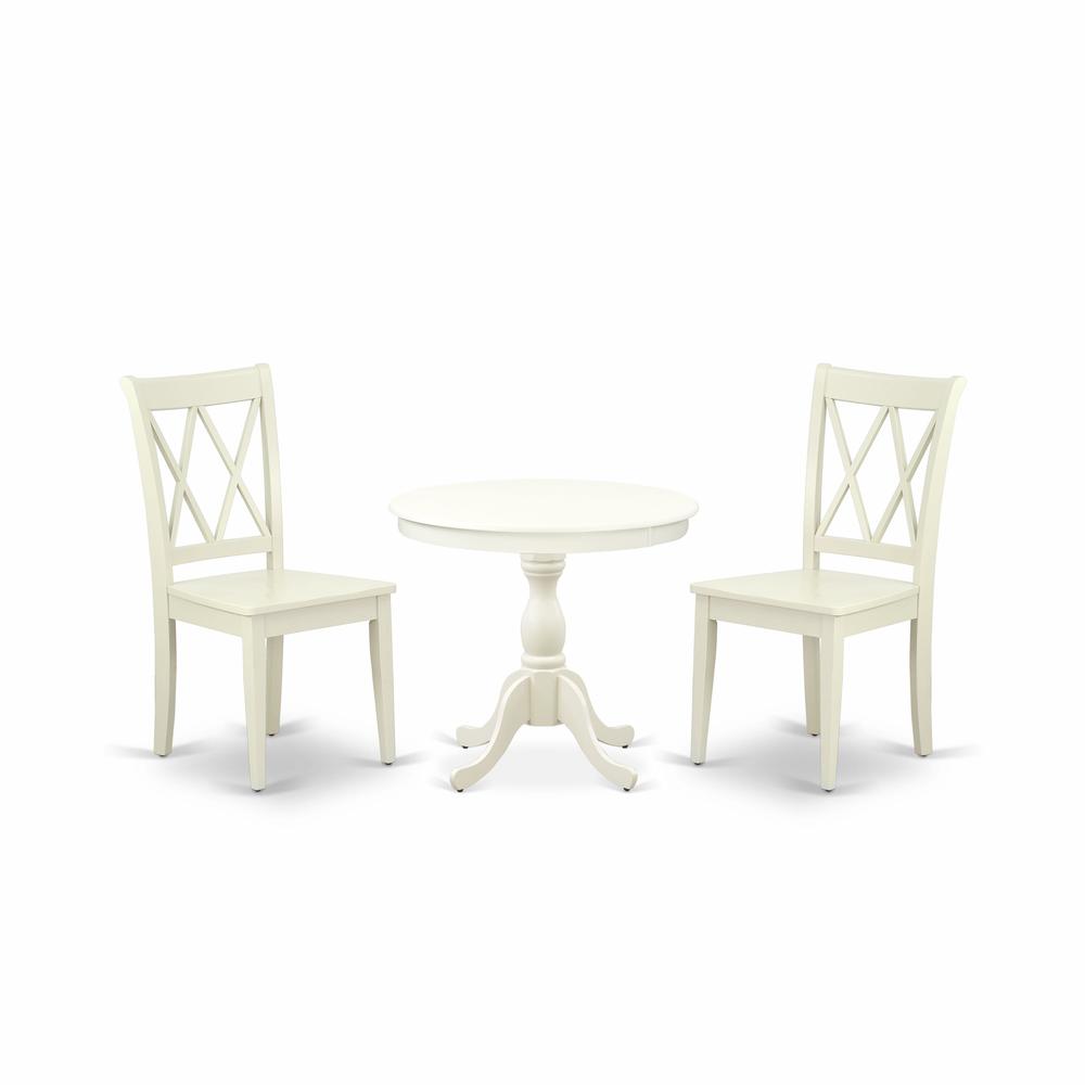 AMCL3-LWH-W 3 Piece Dining Room Set - 1 Pedestal Table and 2 Linen White Wooden Chairs - Linen White Finish