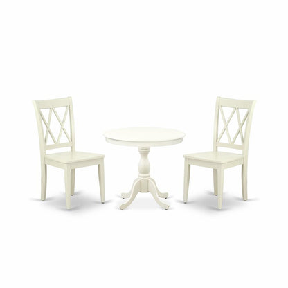 AMCL3-LWH-W 3 Piece Dining Room Set - 1 Pedestal Table and 2 Linen White Wooden Chairs - Linen White Finish