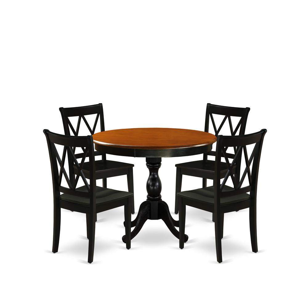 East West Furniture 5-Piece Dining Room Set Contains a Modern Dining Table and 4 Mid Century Dining Chairs with Double-X Back - Black Finish