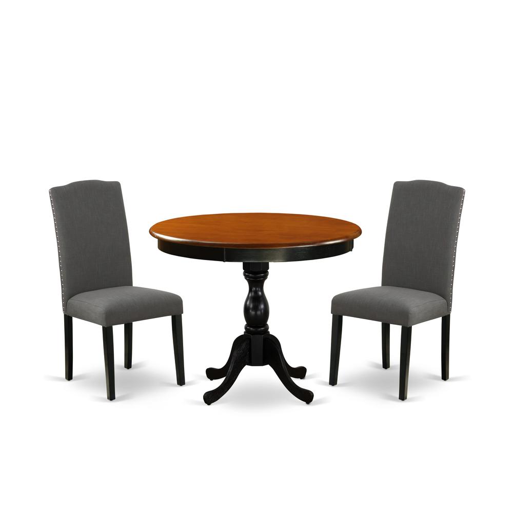 East West Furniture 3-Pc Wooden Dining Set Includes a Wood Table and 2 Dark Gotham Grey Linen Fabric Kitchen Chairs with High Back - Black Finish