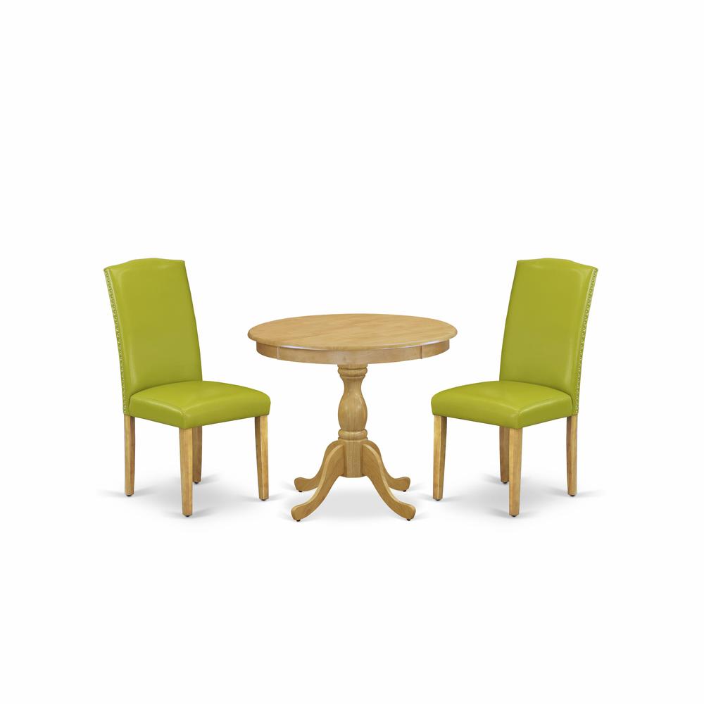 AMEN3-OAK-51 3 Piece Wooden Dining Table Set - 1 Pedestal Table and 2 Autumn Green Parsons Chair - Oak Finish