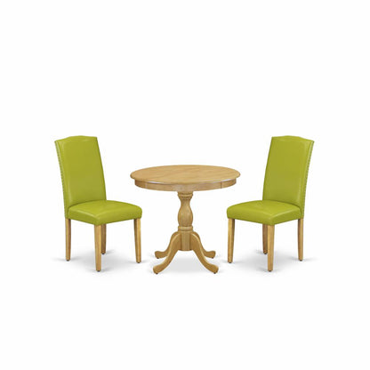 AMEN3-OAK-51 3 Piece Wooden Dining Table Set - 1 Pedestal Table and 2 Autumn Green Parsons Chair - Oak Finish