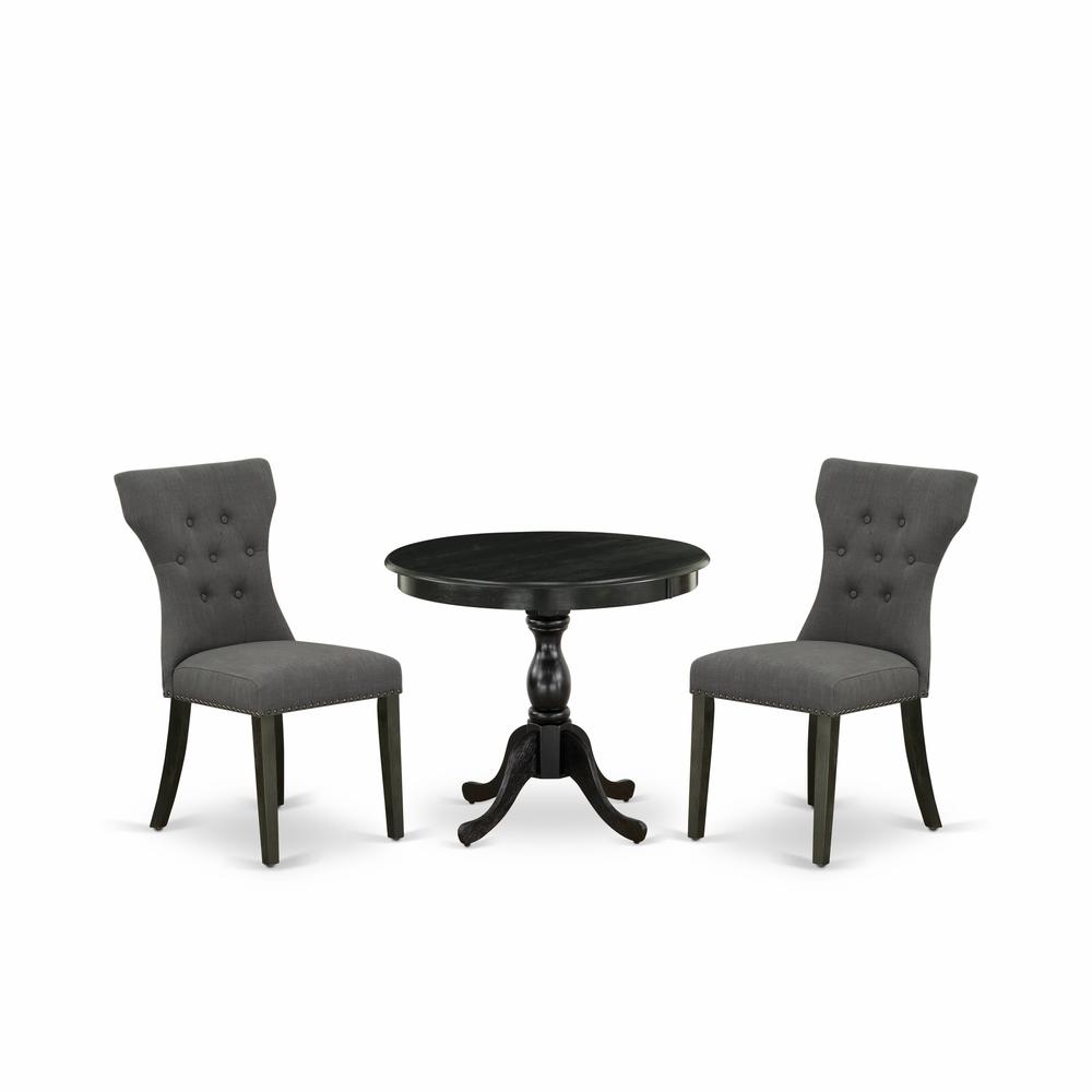 East West Furniture 3 Piece Dining Set Contains 1 Dining Table and 2 Dark Gotham Grey Linen Fabric Dining Chairs Button Tufted Back with Nail Heads - Wire Brushed Black Finish