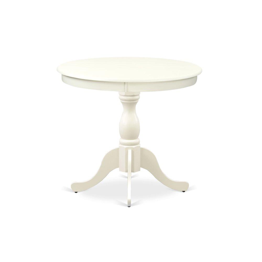East West Furniture 3 Piece Dining Table Set Includes 1 Round Pedestal Dining Table and 2 Linen White Dinning Room Chairs with Slatted Back - Linen White Finish
