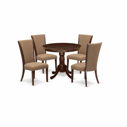 East West Furniture 5 Piece Dining Table Set - 4 Light Sable Linen Fabric Kitchen Chairs with High Back and 1 Dining Room Table - Mahogany Finish
