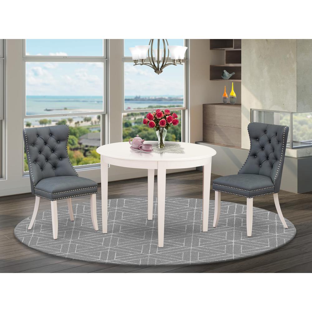 East West Furniture Boston 3 Piece Room Set Includes a Round Dining Table and 2 Upholstered Parson Chairs, 42x42 Inch, Linen White