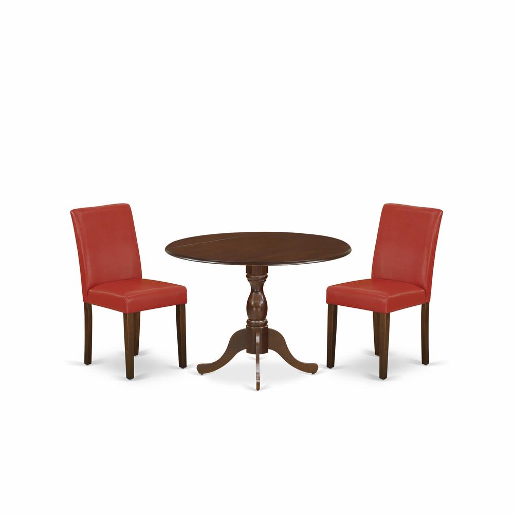 East West Furniture DMAB3-MAH-72 3 Piece Kitchen Table Set Includes 1 Drop Leaves Dining Room Table and 2 Firebrick Red PU Leather Upholstered Chair with High Back - Mahogany Finish