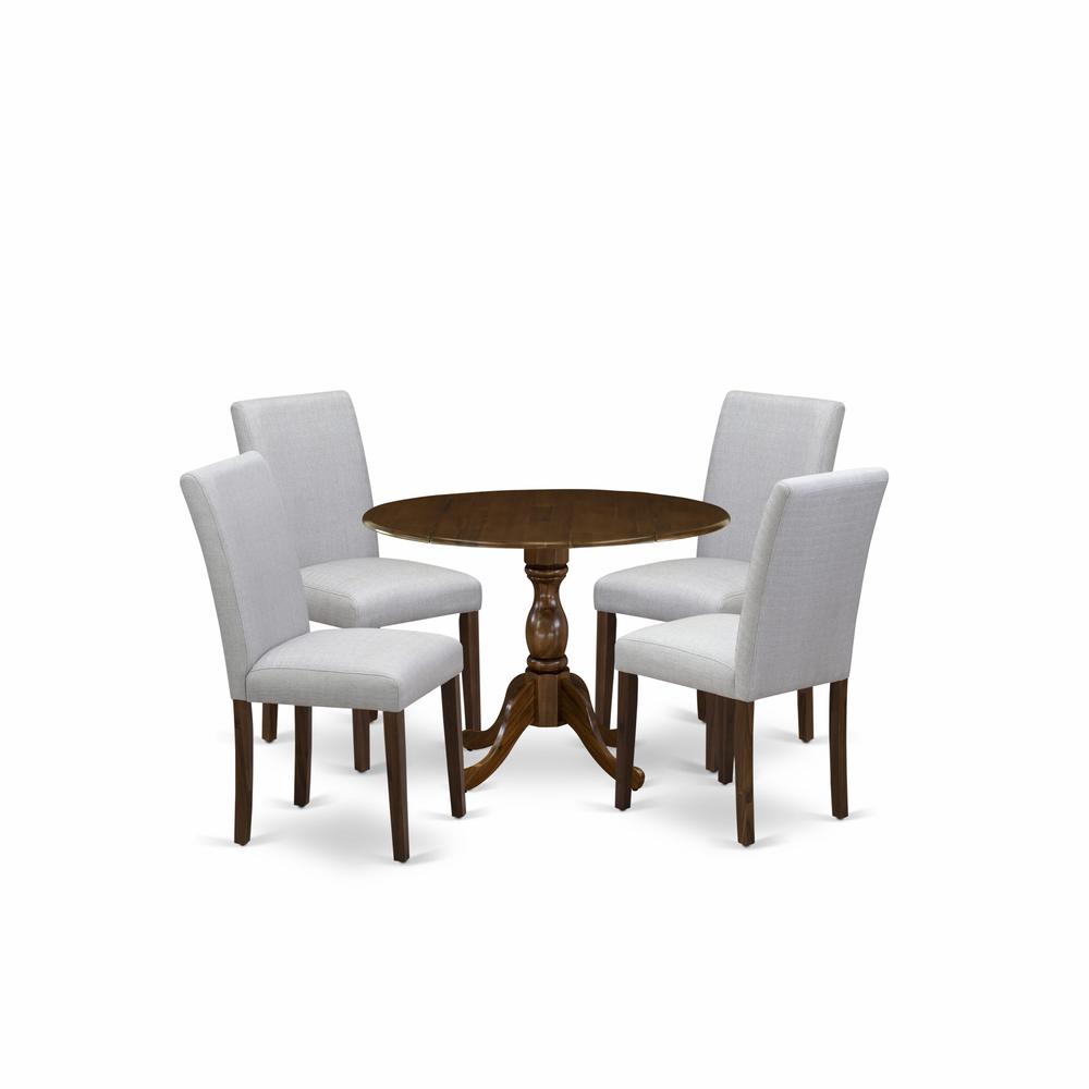 East West Furniture 5 Piece Kitchen Table Set Contains 1 Drop Leaves Wooden Table and 4 Grey Linen Fabric Parson Dining Chairs with High Back - Acacia Walnut Finish