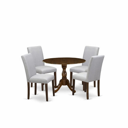 East West Furniture 5 Piece Kitchen Table Set Contains 1 Drop Leaves Wooden Table and 4 Grey Linen Fabric Parson Dining Chairs with High Back - Acacia Walnut Finish