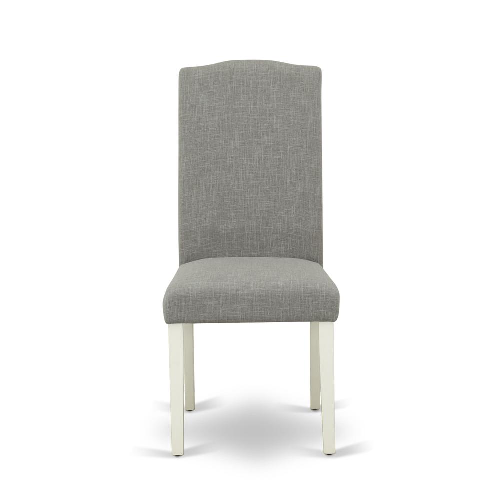 1MZEN5-LWH-06 5Pc Modern Dining Table Set Contains a Wood Dining Table and 4 Parsons Chairs with Shitake Color Linen Fabric, Drop Leaf Table with Full Back Chairs, Linen White Finish