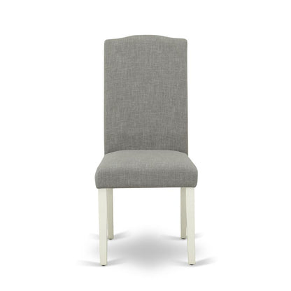 1MZEN5-LWH-06 5Pc Modern Dining Table Set Contains a Wood Dining Table and 4 Parsons Chairs with Shitake Color Linen Fabric, Drop Leaf Table with Full Back Chairs, Linen White Finish