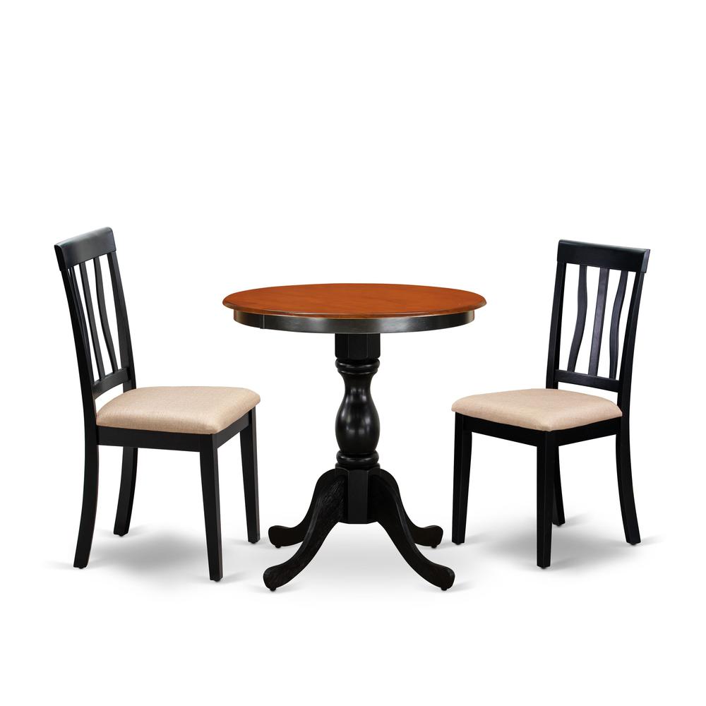 East West Furniture 3-Piece Mid Century Dining Set Include a Kitchen Table and 2 Linen Fabric Mid Century Chairs with Slatted Back - Black Finish