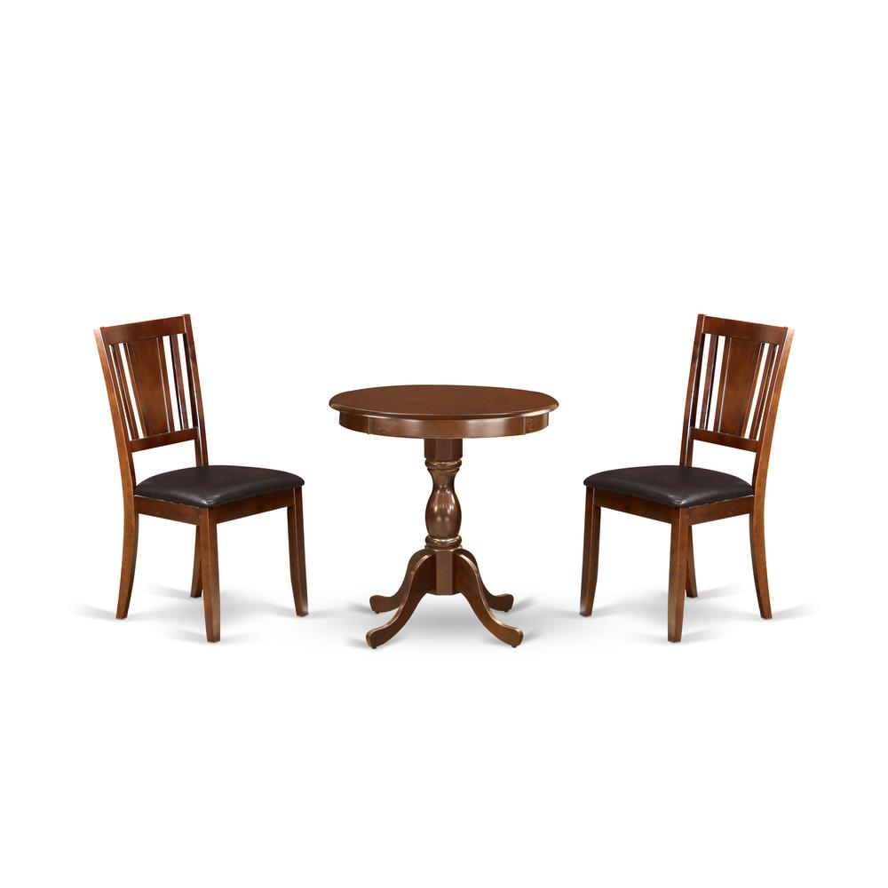 East West Furniture - ESDU3-MAH-LC - 3-Pc Modern Dining Room Set - 2 Kitchen Dining Chairs and 1 Dining Room Table (Mahogany Finish)