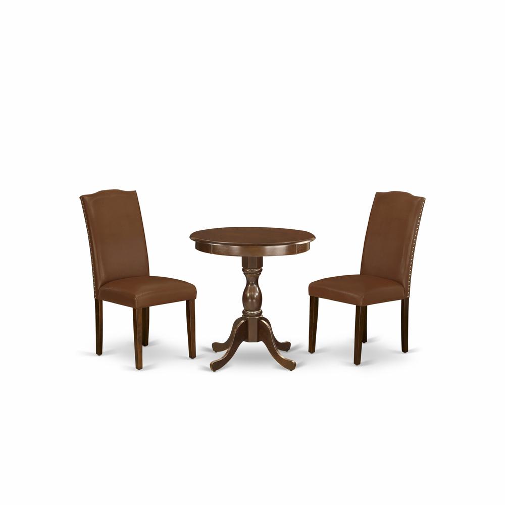 East West Furniture - ESEN3-MAH-66 - 3-Pc Dinette Room Set - 2 Upholstered Dining Chairs and 1 Kitchen Dining Table (Mahogany Finish)