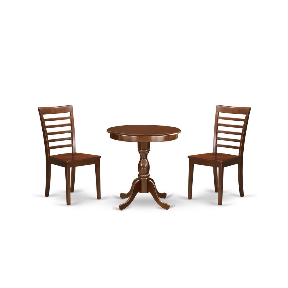East West Furniture - ESML3-MAH-W - 3-Pc Modern Kitchen Dining Set - 2 Wooden Dining Room Chairs and 1 Kitchen Dining Table (Mahogany Finish)