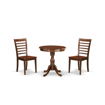 East West Furniture - ESML3-MAH-W - 3-Pc Modern Kitchen Dining Set - 2 Wooden Dining Room Chairs and 1 Kitchen Dining Table (Mahogany Finish)