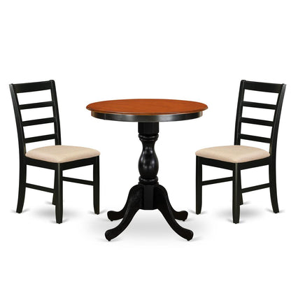East West Furniture 3-Piece Dining Room Set Include a Wood Table and 2 Linen Fabric Kitchen Chairs with Ladder Back - Black Finish