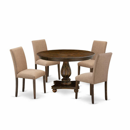 East West Furniture 5 Piece Kitchen Dining Table Set Includes a Dining Table and 4 Light Sable Linen Fabric Dining Chairs with High Back - Distressed Jacobean Finish