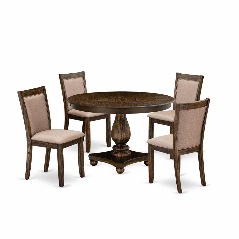 East West Furniture 5 Piece Dinner Table Set Includes a Kitchen Table and 4 Dark Khaki Linen Fabric Upholstered Dining Chairs with High Back - Distressed Jacobean Finish