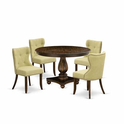 East West Furniture 5-Piece Kitchen Table Set - Pedestal Dining Table and 4 Limelight Color Parson Dining Room Chairs with Button Tufted Back - Distressed Jacobean Finish