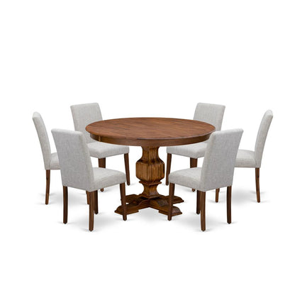 East West Furniture 7-Pc Kitchen Table Set - Pedestal Dining Table and 6 Doeskin Color Parson Padded Chairs with High Back - Antique Walnut Finish