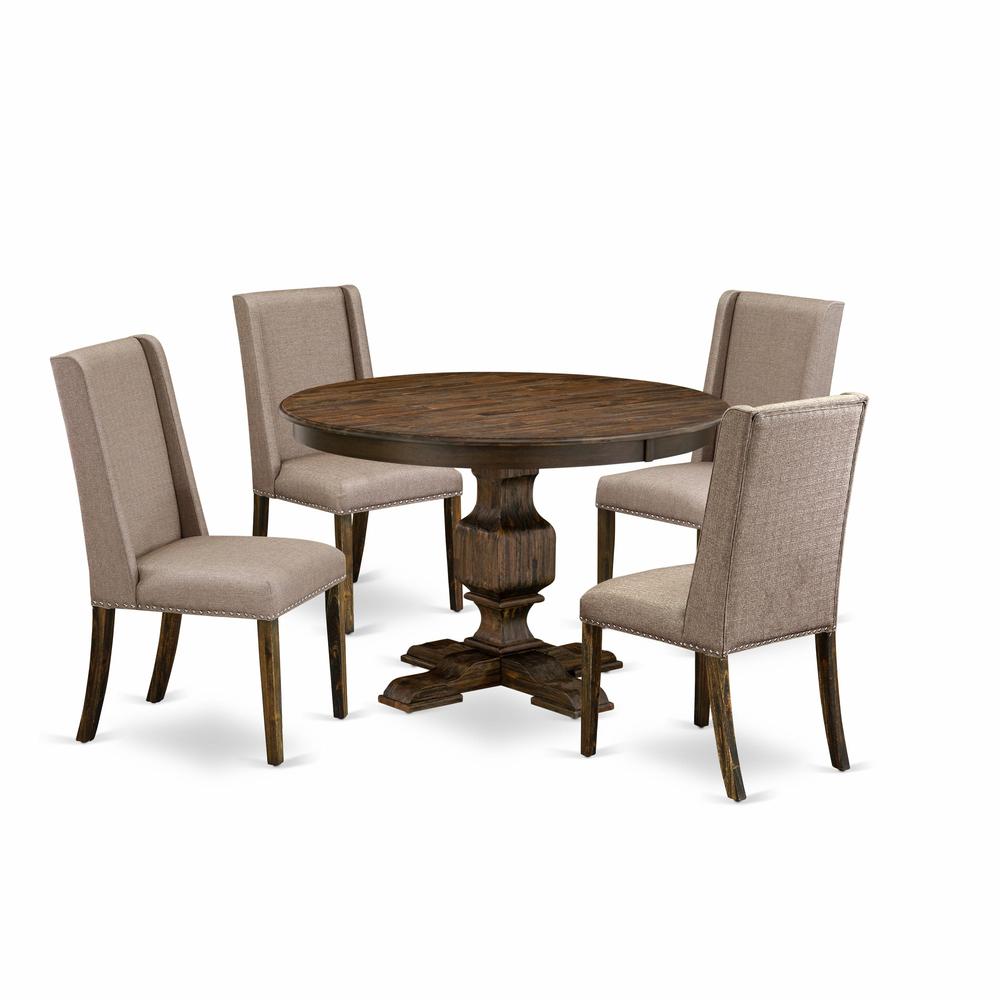 East West Furniture 5 Piece Dining Set Contains a Modern Dining Table and 4 Dark Khaki Linen Fabric Modern Dining Chairs with High Back - Distressed Jacobean Finish