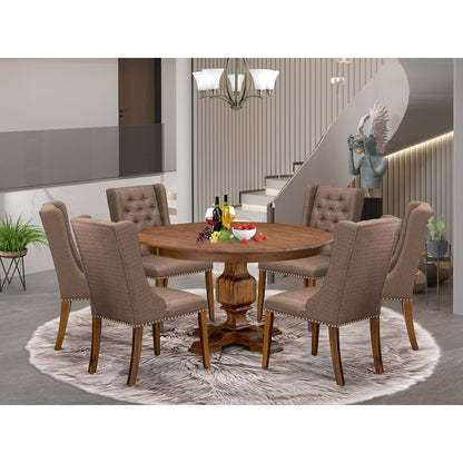 7-Piece Mid Century Modern Dining Set A Table, 6 Brown Linen Fabric Chairs