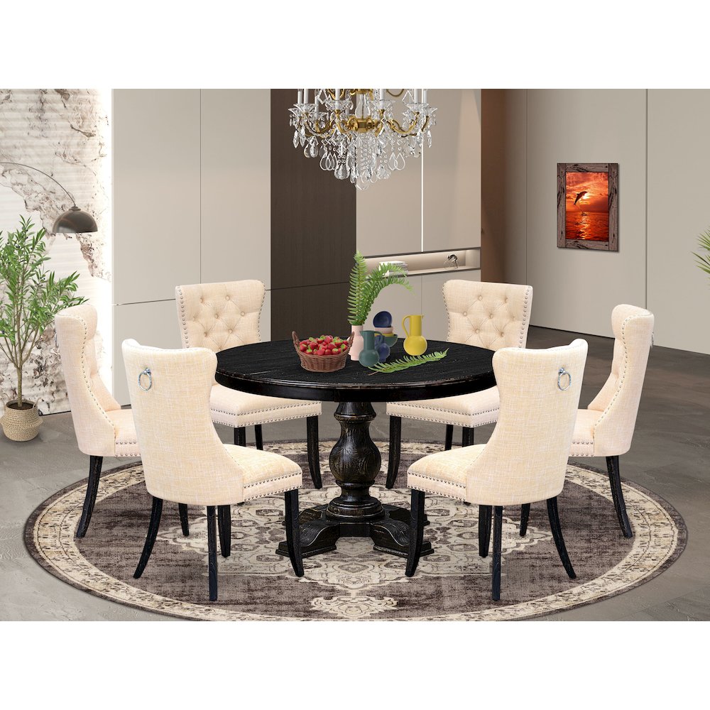 7-Pc Dinette Set Of A Kitchen Table, 6 Light Beige Linen Fabric Dinner Chair